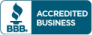 Rectangle blue and white logo with bbb on left and accredited business on right - home builder